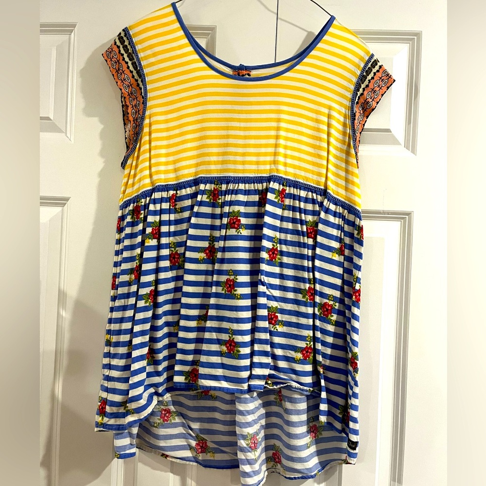 Matilda Jane Striped Mixed-Print Tunic Top in Yellow & Blue with Floral Accents